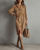 Chouyatou Women's Fall Corduroy Button Down Shirt Dress Casual Lapel a Line Pleated Tunic Shift Midi Long Dress