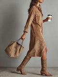 Chouyatou Women's Fall Corduroy Button Down Shirt Dress Casual Lapel a Line Pleated Tunic Shift Midi Long Dress