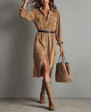 Chouyatou Women's Fall Corduroy Button Down Shirt Dress Casual Lapel a Line Pleated Tunic Shift Midi Long Dress