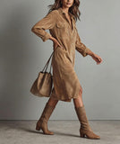 Chouyatou Women's Fall Corduroy Button Down Shirt Dress Casual Lapel a Line Pleated Tunic Shift Midi Long Dress