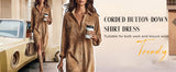 Chouyatou Women's Fall Corduroy Button Down Shirt Dress Casual Lapel a Line Pleated Tunic Shift Midi Long Dress