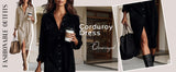 Chouyatou Women's Fall Corduroy Button Down Shirt Dress Casual Lapel a Line Pleated Tunic Shift Midi Long Dress