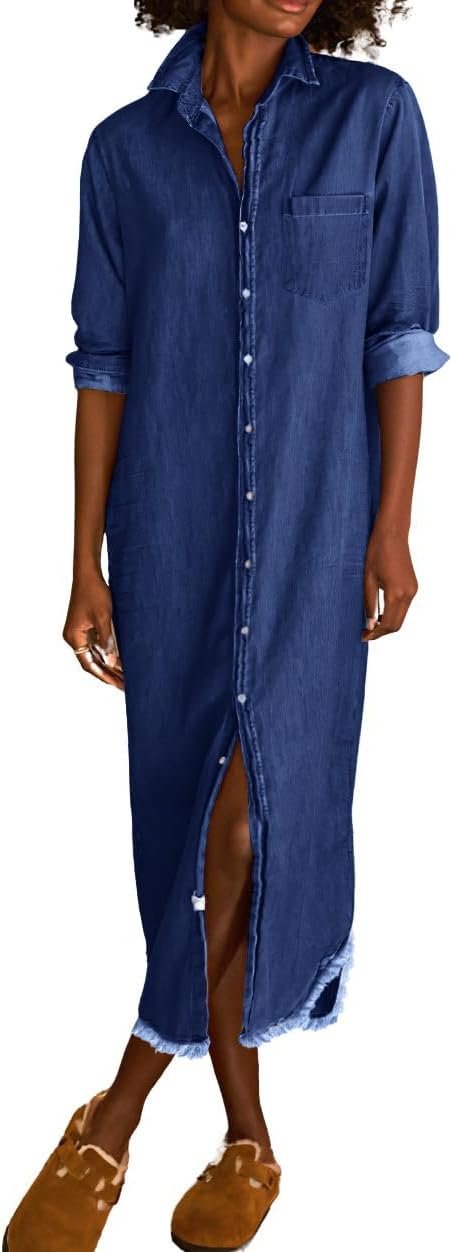 Chouyatou Women's Spring Long Sleeve Button Down Denim Shirt Dress Lapel Distressed Midi Long Jean Shift Dress