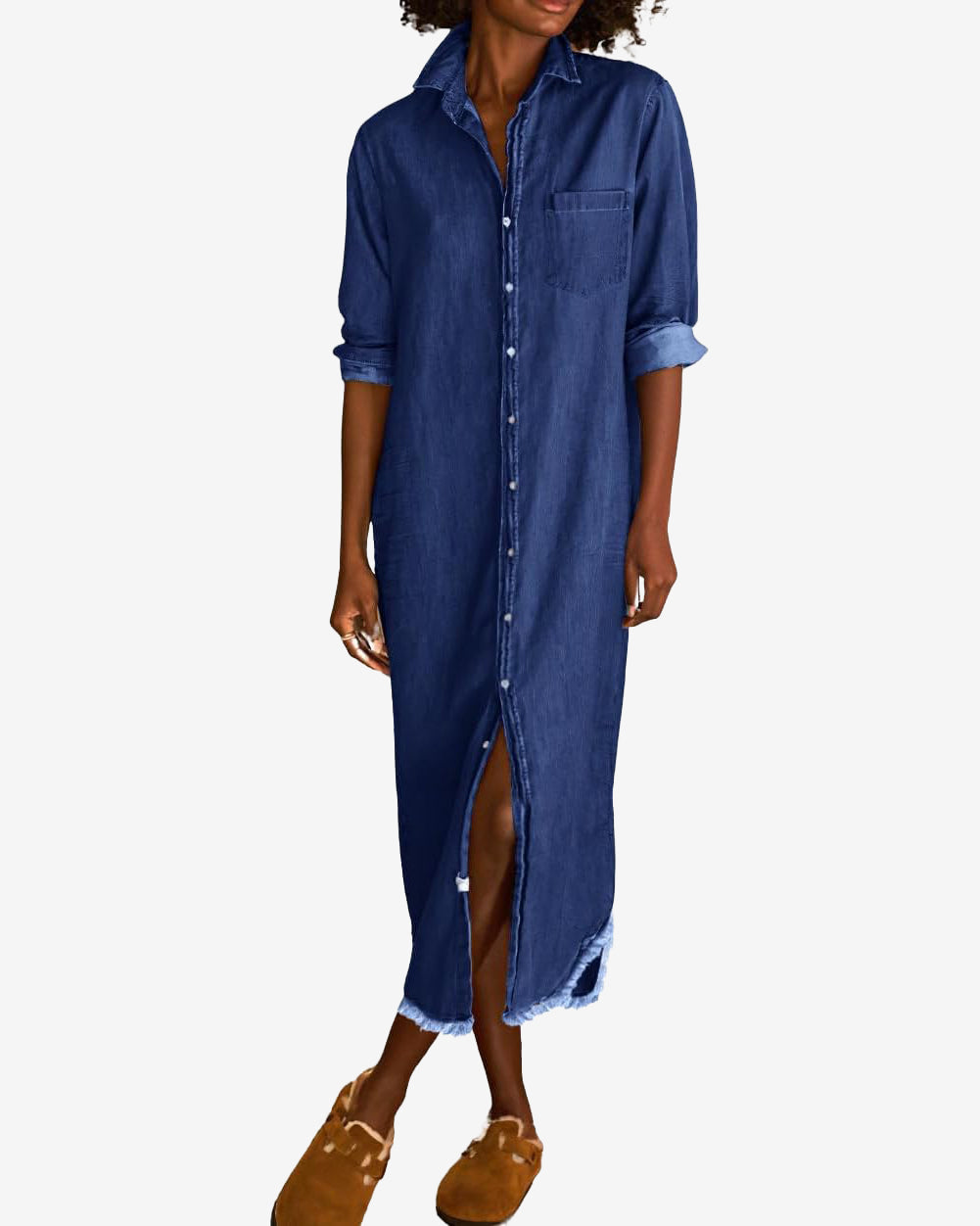 Chouyatou Women's Spring Long Sleeve Button Down Denim Shirt Dress Lapel Distressed Midi Long Jean Shift Dress
