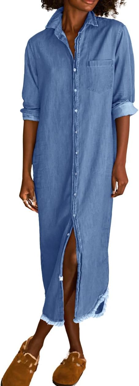 Chouyatou Women's Spring Long Sleeve Button Down Denim Shirt Dress Lapel Distressed Midi Long Jean Shift Dress