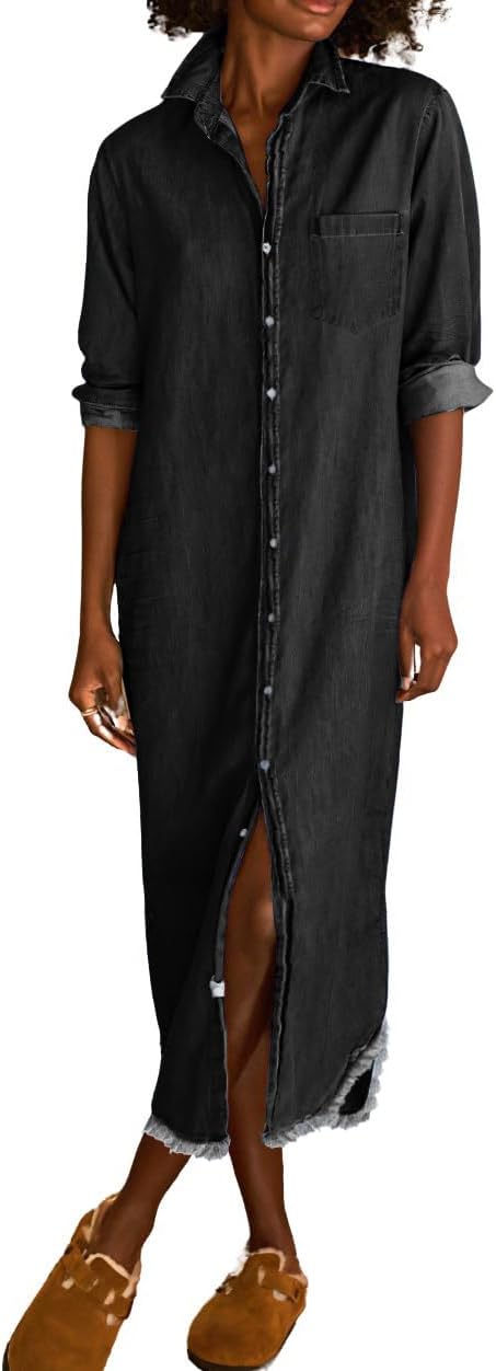 Chouyatou Women's Spring Long Sleeve Button Down Denim Shirt Dress Lapel Distressed Midi Long Jean Shift Dress