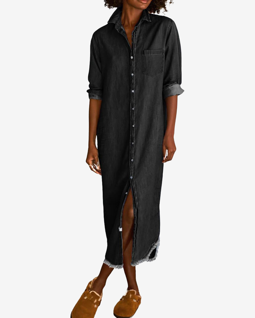Chouyatou Women's Spring Long Sleeve Button Down Denim Shirt Dress Lapel Distressed Midi Long Jean Shift Dress