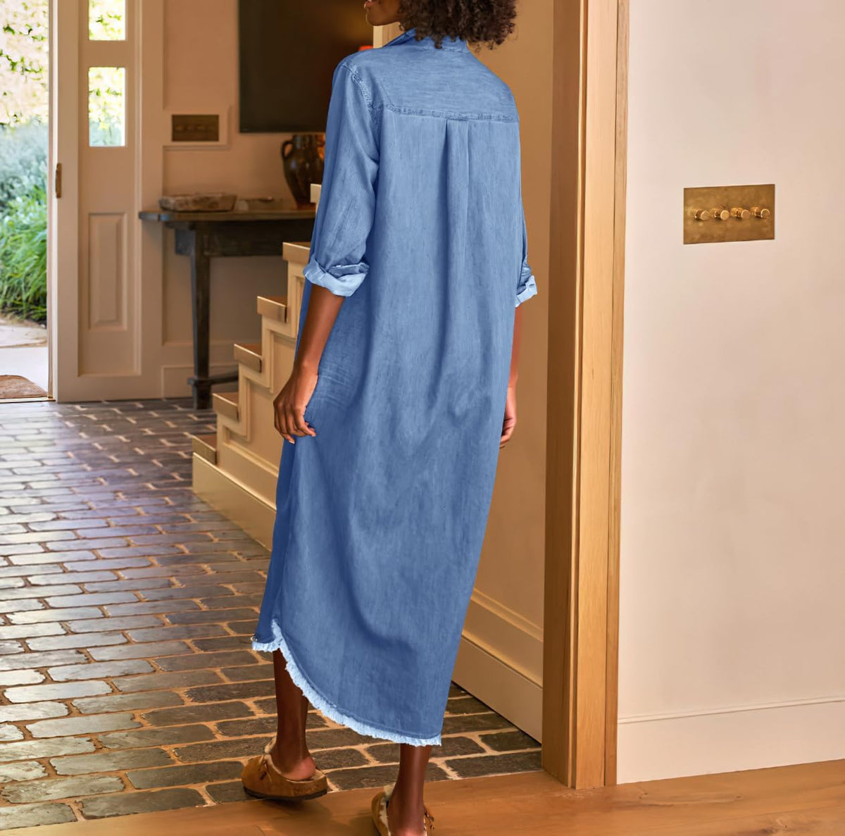 Chouyatou Women's Spring Long Sleeve Button Down Denim Shirt Dress Lapel Distressed Midi Long Jean Shift Dress