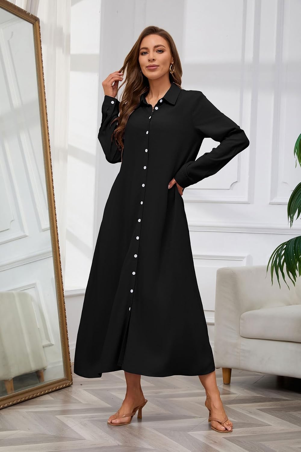 Chouyatou Women's Casual Button Down Maxi Shirt Dress Long Sleeve Button Up Tunic Long Dress
