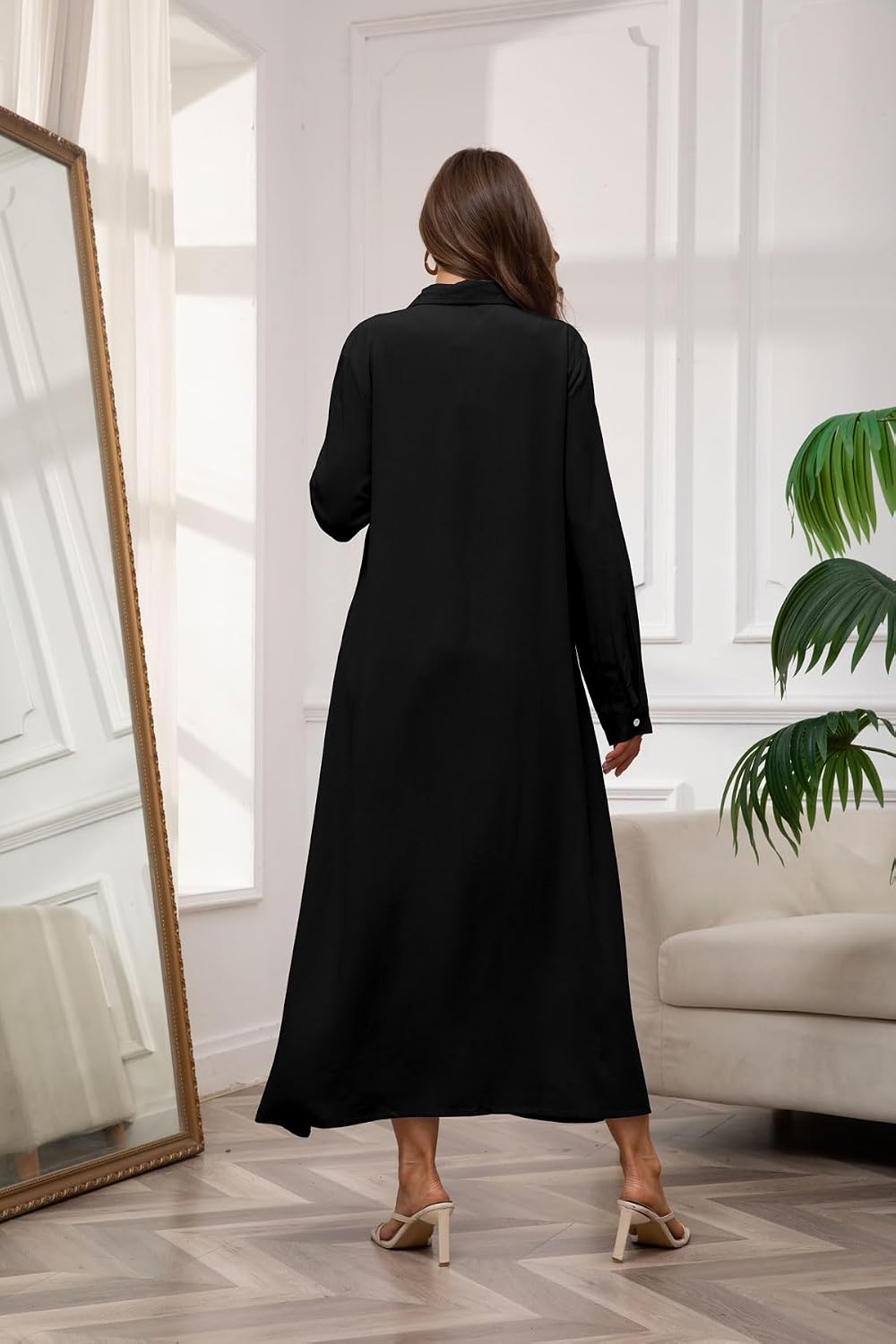 Chouyatou Women's Casual Button Down Maxi Shirt Dress Long Sleeve Button Up Tunic Long Dress