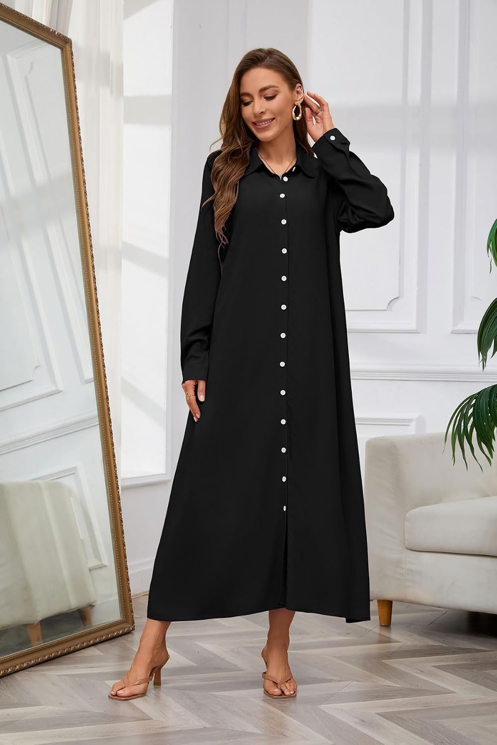 Chouyatou Women's Casual Button Down Maxi Shirt Dress Long Sleeve Button Up Tunic Long Dress