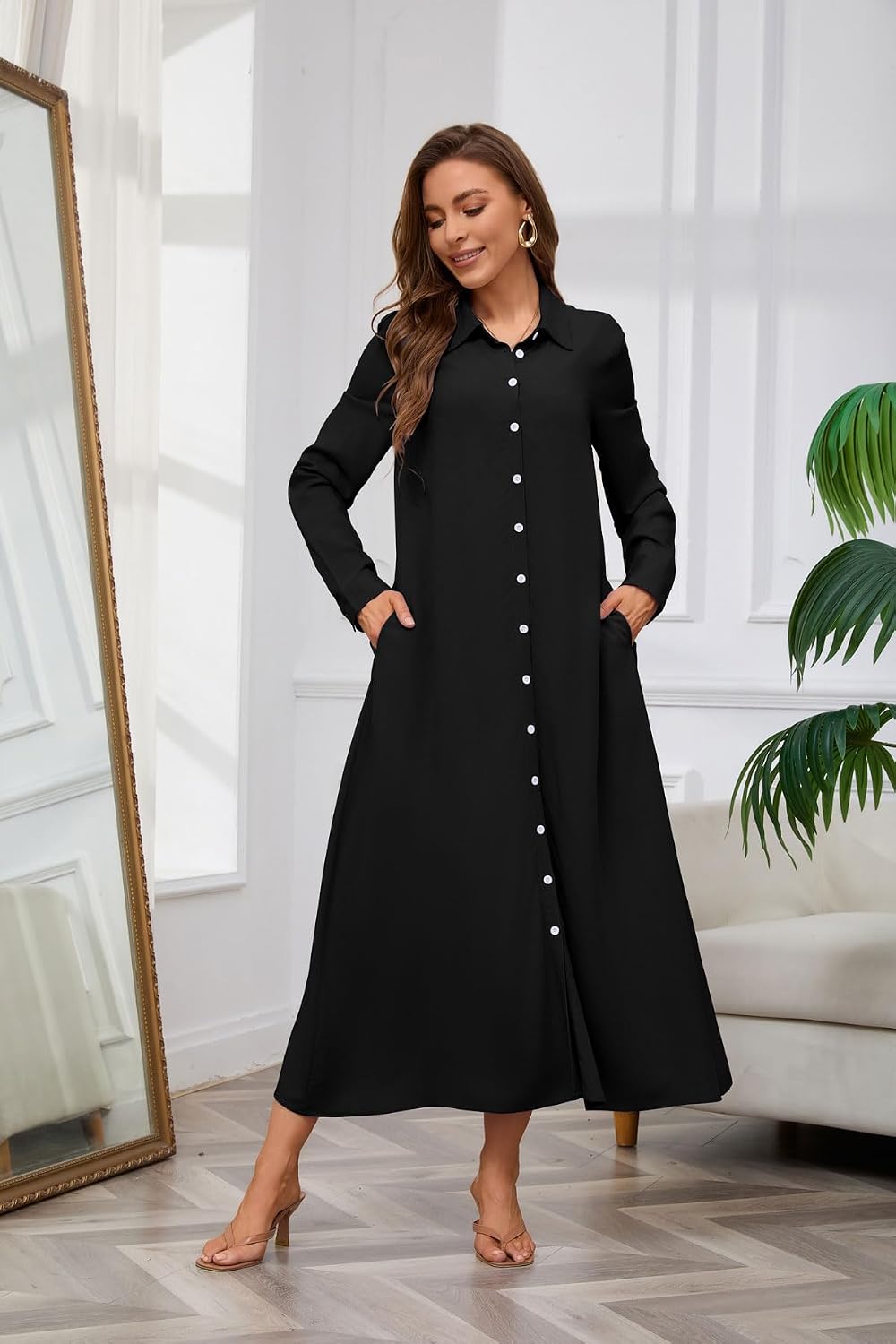 Chouyatou Women's Casual Button Down Maxi Shirt Dress Long Sleeve Button Up Tunic Long Dress
