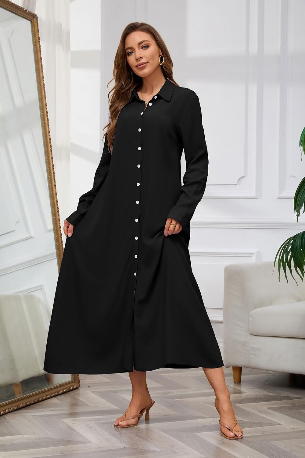 Chouyatou Women's Casual Button Down Maxi Shirt Dress Long Sleeve Button Up Tunic Long Dress