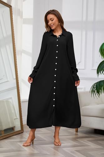 Chouyatou Women's Casual Button Down Maxi Shirt Dress Long Sleeve Button Up Tunic Long Dress
