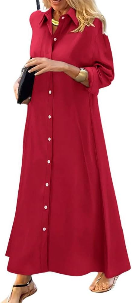 Chouyatou Women's Casual Button Down Maxi Shirt Dress Long Sleeve Button Up Tunic Long Dress