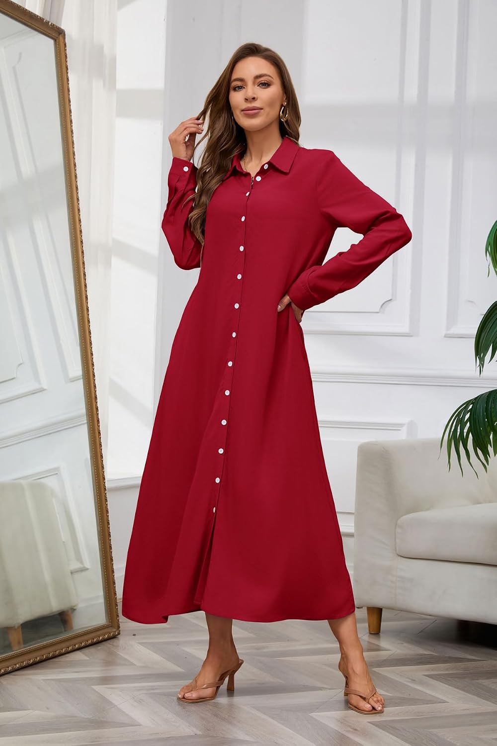 Chouyatou Women's Casual Button Down Maxi Shirt Dress Long Sleeve Button Up Tunic Long Dress