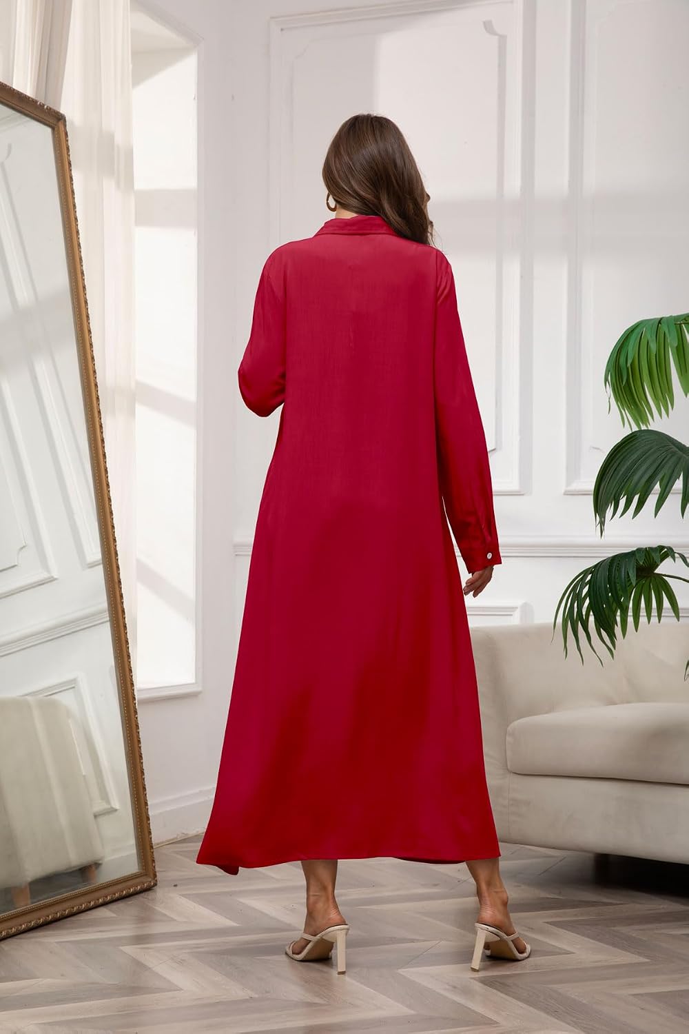Chouyatou Women's Casual Button Down Maxi Shirt Dress Long Sleeve Button Up Tunic Long Dress