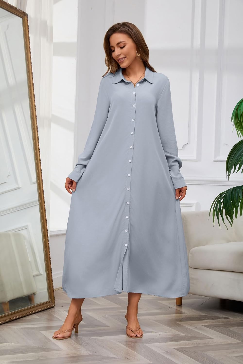 Chouyatou Women's Casual Button Down Maxi Shirt Dress Long Sleeve Button Up Tunic Long Dress