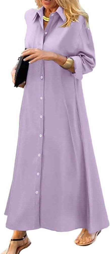 Chouyatou Women's Casual Button Down Maxi Shirt Dress Long Sleeve Button Up Tunic Long Dress