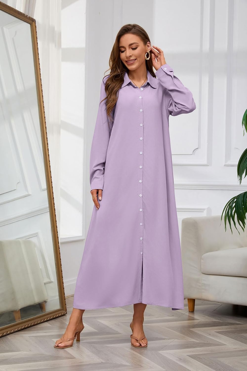 Chouyatou Women's Casual Button Down Maxi Shirt Dress Long Sleeve Button Up Tunic Long Dress