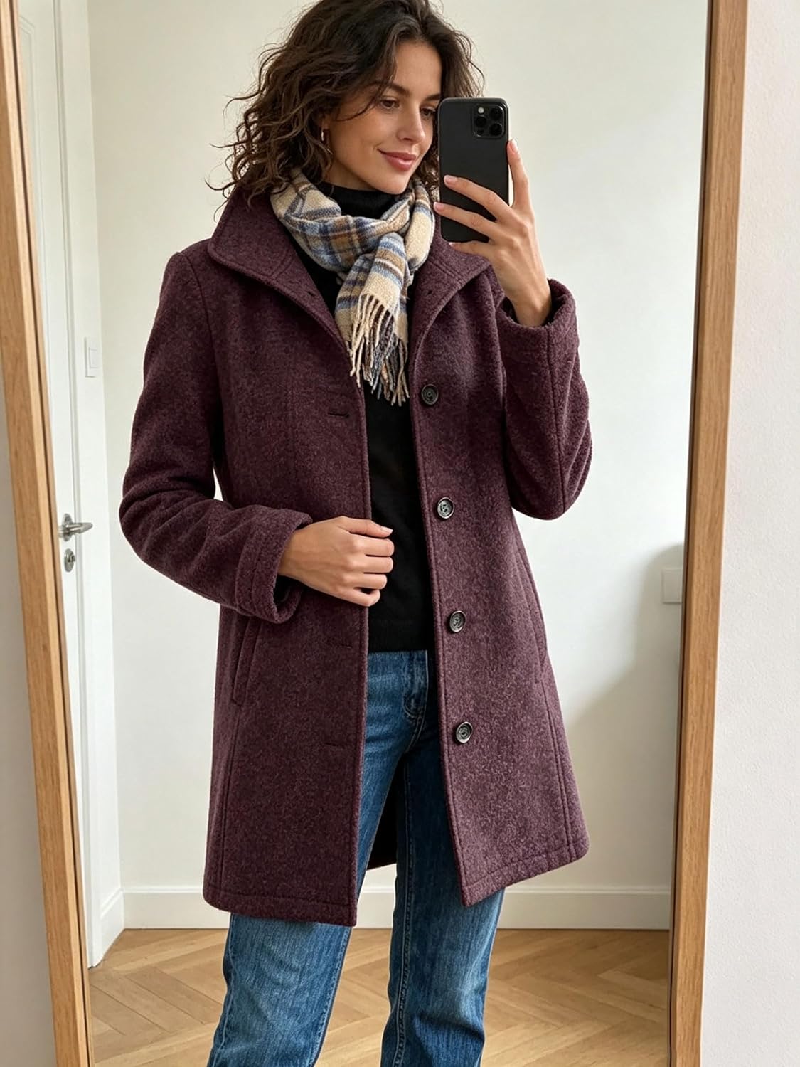 Chouyatou Women's Casual Thicken Wool Blend Stand Collar Single Breasted Pea Coat
