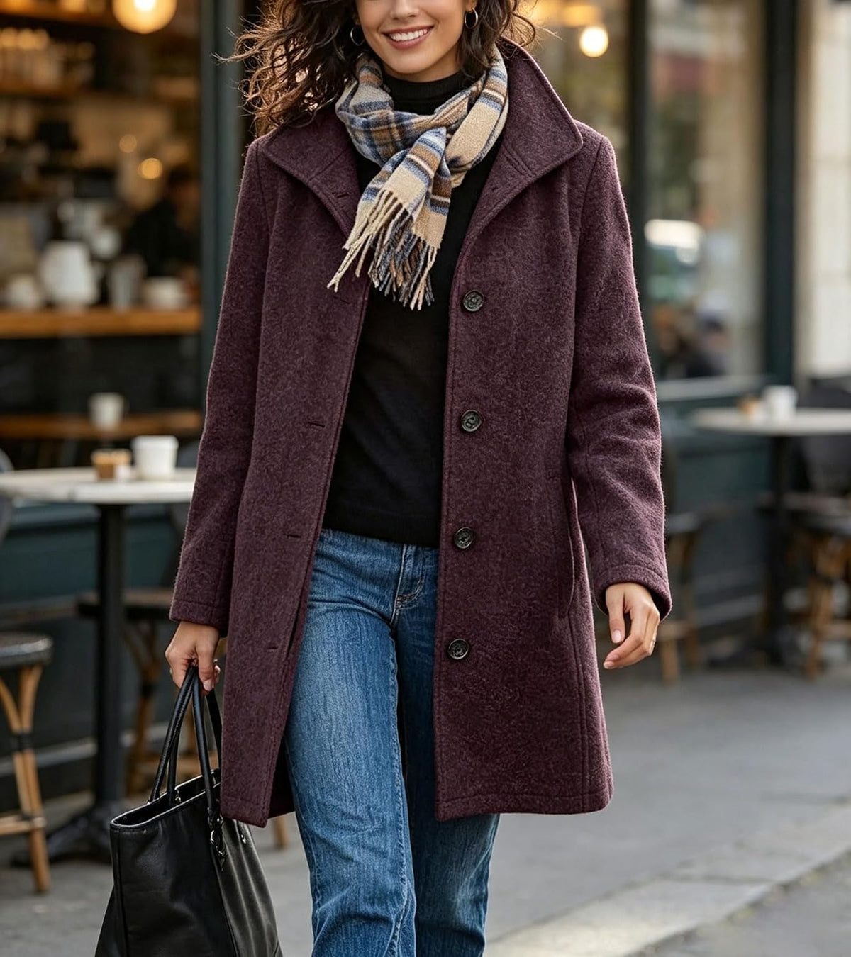 Chouyatou Women's Casual Thicken Wool Blend Stand Collar Single Breasted Pea Coat