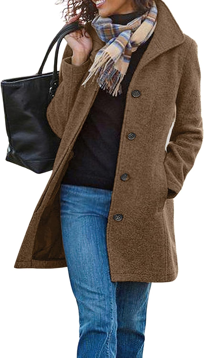 Chouyatou Women's Casual Thicken Wool Blend Stand Collar Single Breasted Pea Coat