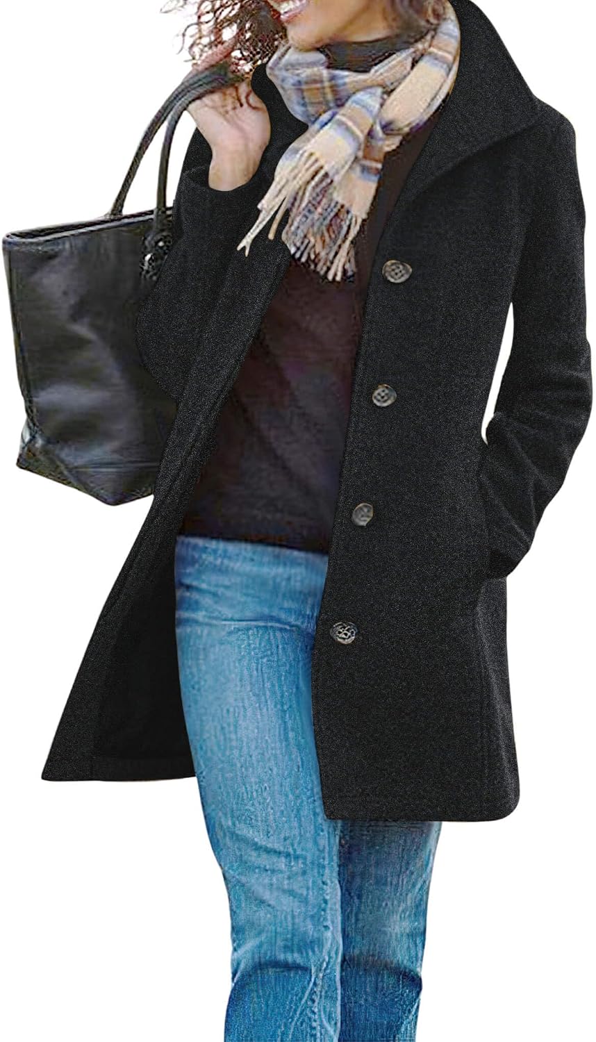 Chouyatou Women's Casual Thicken Wool Blend Stand Collar Single Breasted Pea Coat