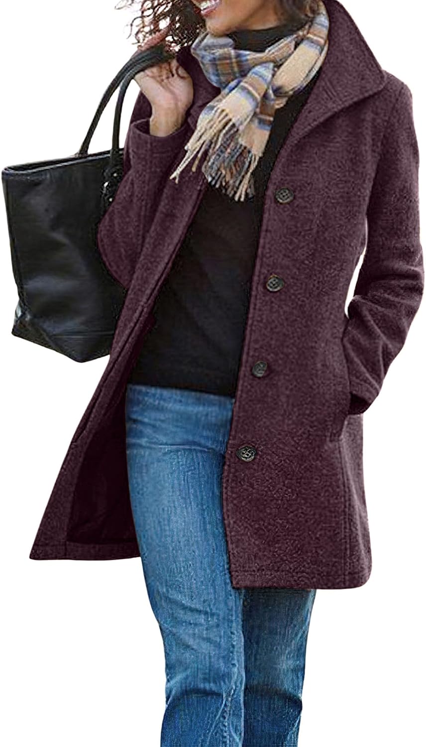 Chouyatou Women's Casual Thicken Wool Blend Stand Collar Single Breasted Pea Coat