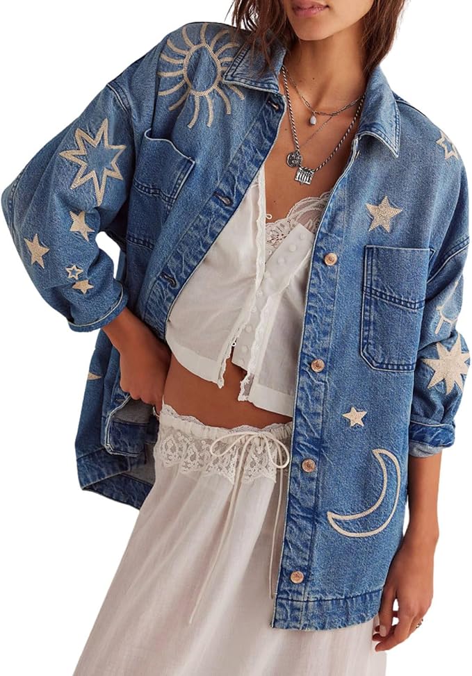Chouyatou Women's Vintage Oversized Denim Jacket Embroidered Graphic Casual Loose Fit Button Down Jean Jacket