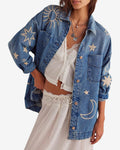 Chouyatou Women's Vintage Oversized Denim Jacket Embroidered Graphic Casual Loose Fit Button Down Jean Jacket