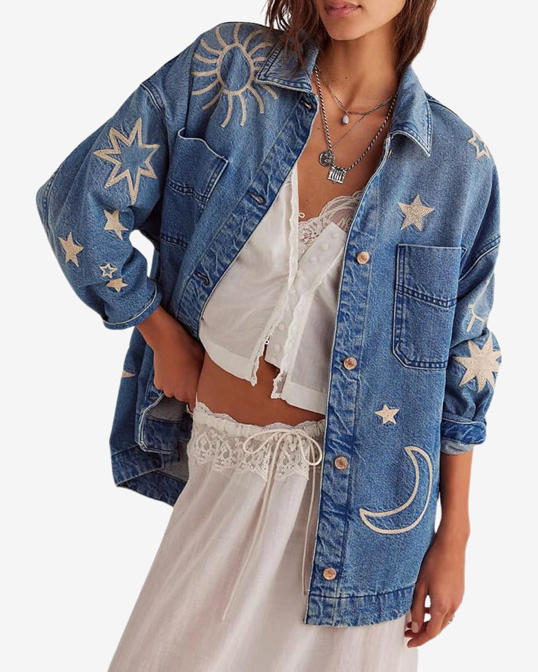 Chouyatou Women's Vintage Oversized Denim Jacket Embroidered Graphic Casual Loose Fit Button Down Jean Jacket