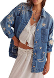 Chouyatou Women's Vintage Oversized Denim Jacket Embroidered Graphic Casual Loose Fit Button Down Jean Jacket