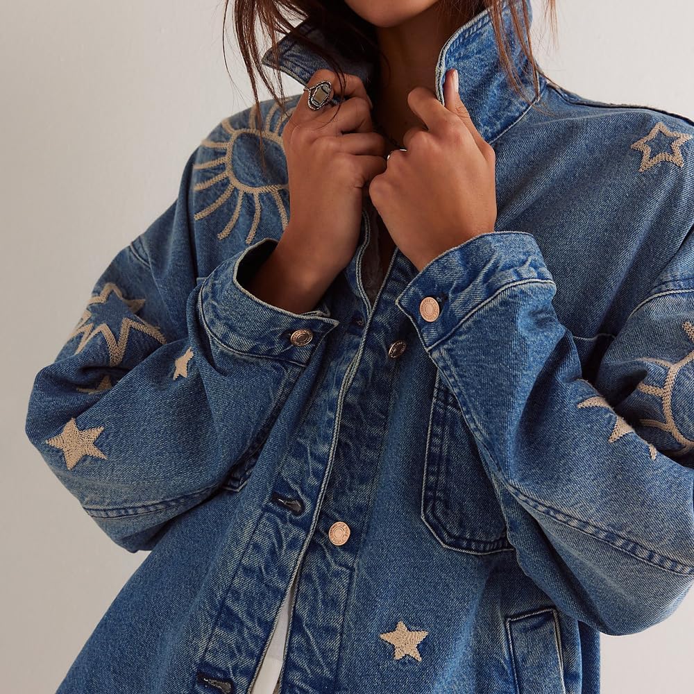 Chouyatou Women's Vintage Oversized Denim Jacket Embroidered Graphic Casual Loose Fit Button Down Jean Jacket