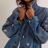 Chouyatou Women's Vintage Oversized Denim Jacket Embroidered Graphic Casual Loose Fit Button Down Jean Jacket