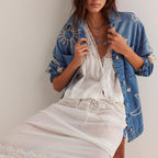 Chouyatou Women's Vintage Oversized Denim Jacket Embroidered Graphic Casual Loose Fit Button Down Jean Jacket