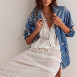 Chouyatou Women's Vintage Oversized Denim Jacket Embroidered Graphic Casual Loose Fit Button Down Jean Jacket