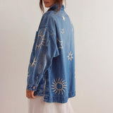 Chouyatou Women's Vintage Oversized Denim Jacket Embroidered Graphic Casual Loose Fit Button Down Jean Jacket