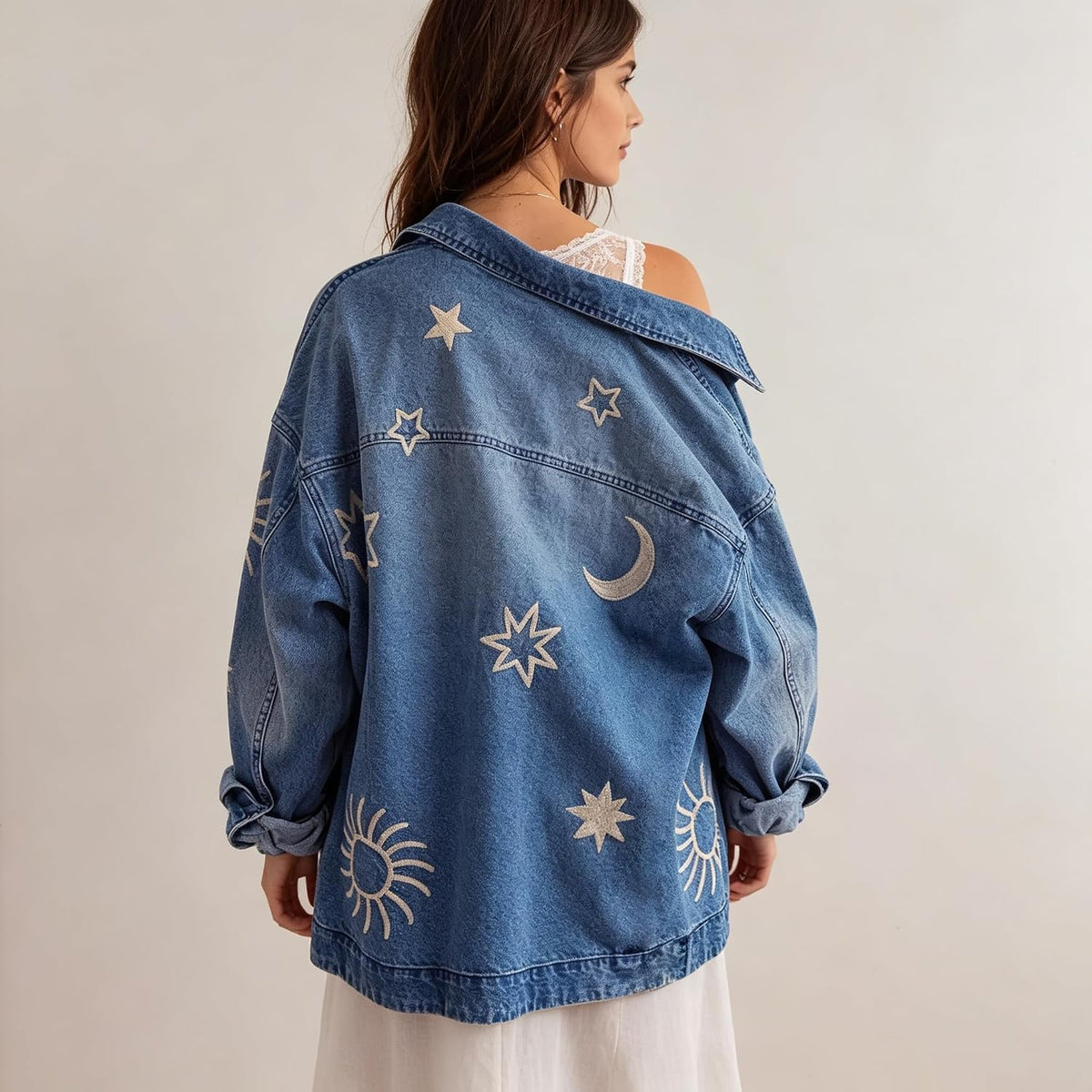 Chouyatou Women's Vintage Oversized Denim Jacket Embroidered Graphic Casual Loose Fit Button Down Jean Jacket