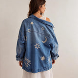 Chouyatou Women's Vintage Oversized Denim Jacket Embroidered Graphic Casual Loose Fit Button Down Jean Jacket