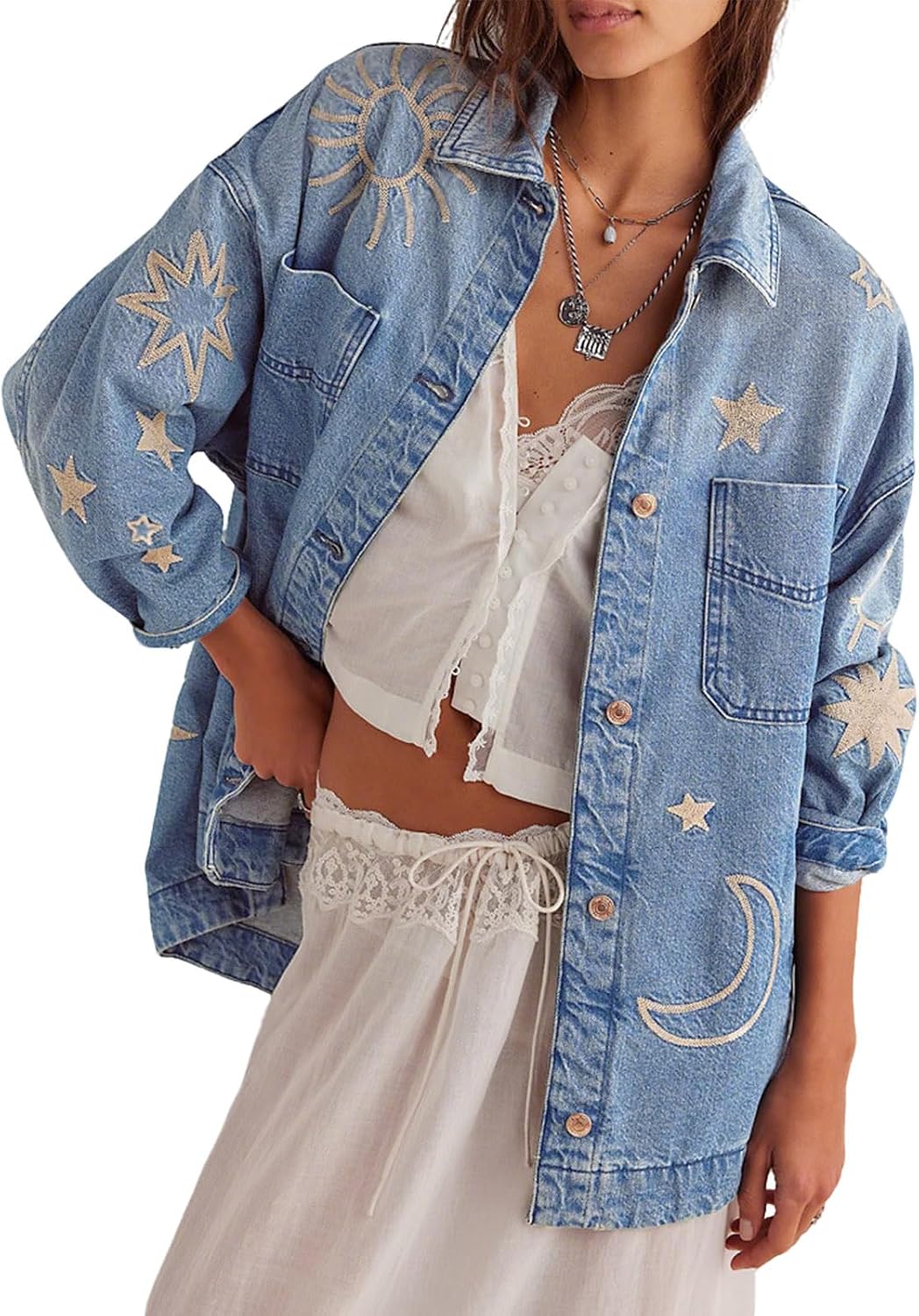 Chouyatou Women's Vintage Oversized Denim Jacket Embroidered Graphic Casual Loose Fit Button Down Jean Jacket