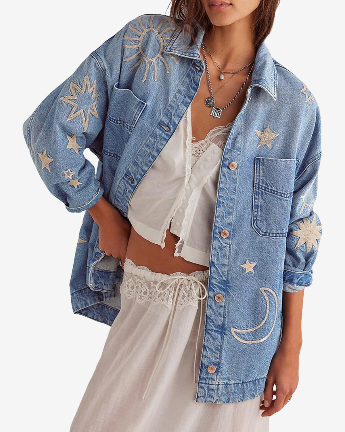 Chouyatou Women's Vintage Oversized Denim Jacket Embroidered Graphic Casual Loose Fit Button Down Jean Jacket