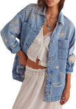 Chouyatou Women's Vintage Oversized Denim Jacket Embroidered Graphic Casual Loose Fit Button Down Jean Jacket