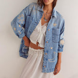 Chouyatou Women's Vintage Oversized Denim Jacket Embroidered Graphic Casual Loose Fit Button Down Jean Jacket