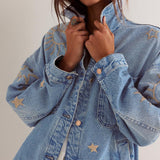 Chouyatou Women's Vintage Oversized Denim Jacket Embroidered Graphic Casual Loose Fit Button Down Jean Jacket