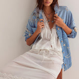 Chouyatou Women's Vintage Oversized Denim Jacket Embroidered Graphic Casual Loose Fit Button Down Jean Jacket