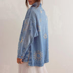 Chouyatou Women's Vintage Oversized Denim Jacket Embroidered Graphic Casual Loose Fit Button Down Jean Jacket