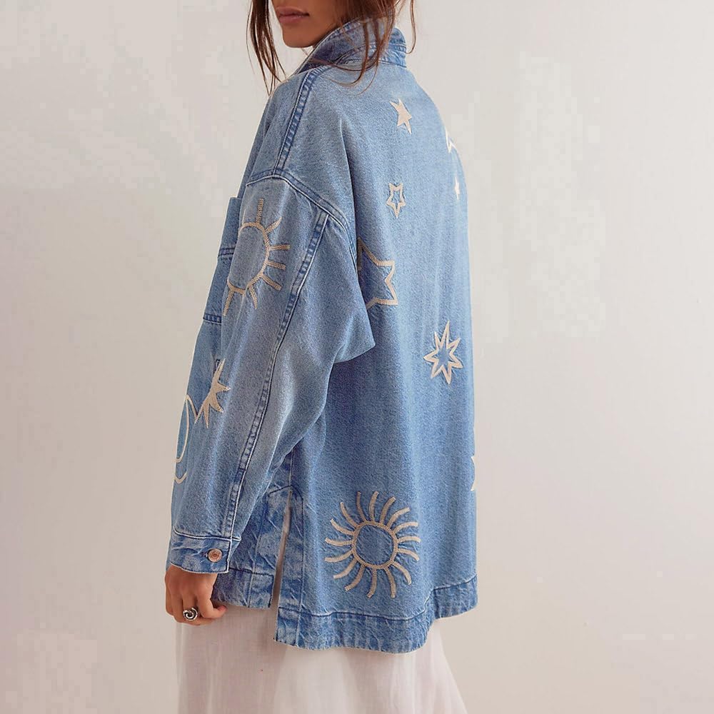 Chouyatou Women's Vintage Oversized Denim Jacket Embroidered Graphic Casual Loose Fit Button Down Jean Jacket