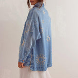Chouyatou Women's Vintage Oversized Denim Jacket Embroidered Graphic Casual Loose Fit Button Down Jean Jacket