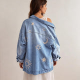 Chouyatou Women's Vintage Oversized Denim Jacket Embroidered Graphic Casual Loose Fit Button Down Jean Jacket